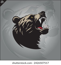 head of an aggressive bear, wide grinning evil mouth, silhouette, side view, looking up, stencil, flat vector, white background. game sport logo.