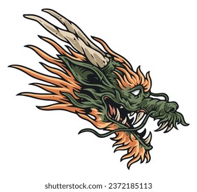 Cabeza dragón agresivo logotipo colorido monstruo malvado del inframundo con cuernos largos y colmillos afilados para luchar contra el enemigo ilustración vectorial