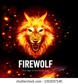 Head of Aggressive Fire Woolf in Sparks. Concept Image of a Red Wolf and Flame on a Black Background