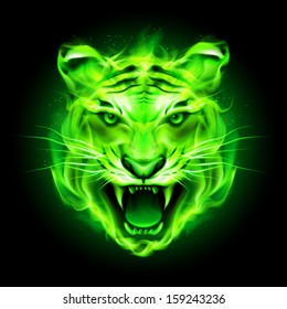 Head of agressive green fire tiger isolated on black background.