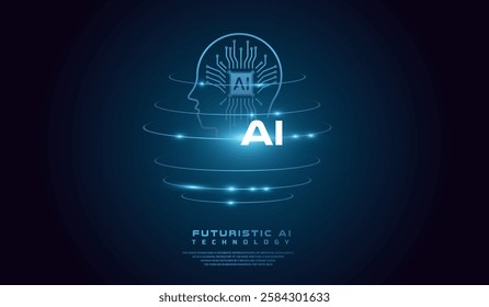 The head AI glowing rings, creating a holographic effect. The background is dark with a gradient effect, The AI head concept world background Vector illustration.