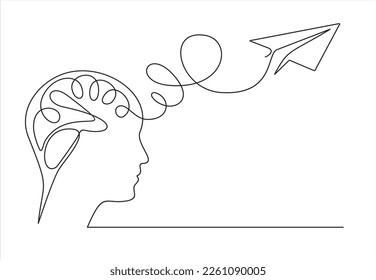 Head and airplane  isolated on white background. Continuous line illustration. One line vector. concept of traveling. Flight of thoughts. Flying thoughts