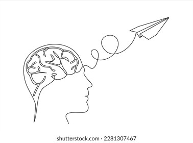 Head and airplane  isolated on white background. Continuous line illustration. One line vector. concept of traveling. Flight of thoughts. Flying thoughts