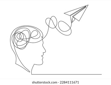 Head and airplane isolated on white background. Continuous line illustration. One line vector. concept of traveling. Flight of thoughts. Flying thoughts