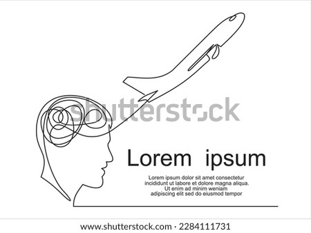 Head and airplane isolated on white background. Continuous line illustration. One line vector. concept of traveling. Flight of thoughts. Flying thoughts
