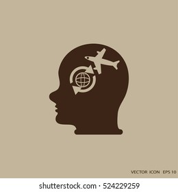 Head with Airplane sign. Plane symbol. Travel icon.