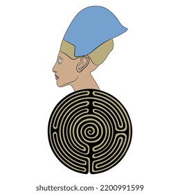 Head of Akhenaten or Nefertiti on top of a round spiral maze or labyrinth symbol. Ancient Egyptian pharaoh. Creative spiritual concept. 