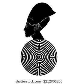 Head of Akhenaten or Nefertiti on top of a round spiral maze or labyrinth symbol. Ancient Egyptian pharaoh. Creative spiritual concept. Black and white silhouette.