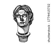 head of Alexander the great, king of Macedonia, Persia and Egypt, ancient Greek sculpture by Lysippus, vector illustration with black lines isolated on a white background in a hand drawn style