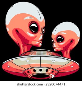 head Alien UFO Cartoon on black background Vector Icon Illustration.