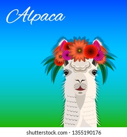 The head Alpaca with a floral wreath, front view. Cute bright realistic Vector Illustration