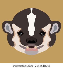 Head of American badger. Taxidea taxus. Cartoon style. Animal face portrait. Mask stencil. On yellow background.