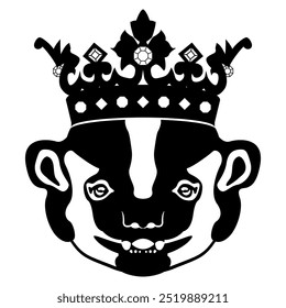 Head of American badger wearing royal crown. Taxidea taxus. Cartoon style. Animal face portrait. Funny character. Black and white silhouette.