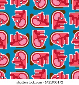 Head Anatomy pattern seamless. Cartoon Internal scheme background. Brain and eye. Taste buds ornament. Skull cut texture