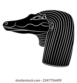 Head of ancient Egyptian crocodile god Sebek or Sobek. Antique ethnic animal design. Black and white negative silhouette.