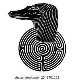 Head of ancient Egyptian crocodile god Sebek or Sobek and a round spiral maze or labyrinth symbol. Creative mythological concept. Black and white silhouette.