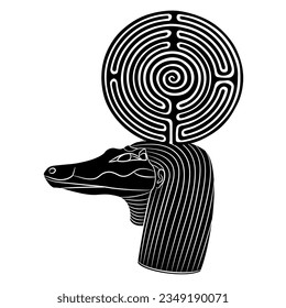 Head of ancient Egyptian crocodile god Sebek or Sobek holding a round spiral maze or labyrinth symbol. Creative mythological concept. Black and white silhouette.