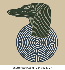 Head of ancient Egyptian crocodile god Sebek or Sobek and a round spiral maze or labyrinth symbol. Creative mythological concept. 