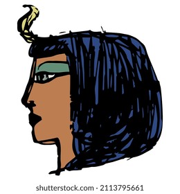 Head of ancient Egyptian girl or queen wearing royal uraeus diadem. Hand drawn colorful sketch.