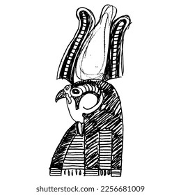 Head of ancient Egyptian god Horus. Falcon wearing Royal crown. Hand drawn linear doodle rough sketch. Black silhouette on white background.