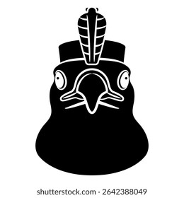 Head of ancient Egyptian god Horus as sacred falcon bird wearing royal pharaoh diadem with uraeus. Mythological animal symbol. Black and white silhouette.