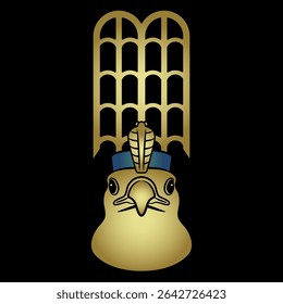 Head of ancient Egyptian god Horus as sacred falcon bird wearing riyal crown. Mythological animal symbol.