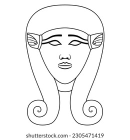 Jefe de la antigua diosa egipcia Hathor. Máscara étnica. Silueta lineal blanca y negra.