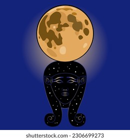 Cabeza de la antigua diosa egipcia Hathor con luna llena brillante en el cielo nocturno. Diseño lunar creativo. Poder femenino.