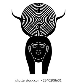 Leiter der uralten ägyptischen Göttin Hathor mit Tierhorn und einem runden Wendellabyrinth oder Labyrinth Symbol. Kreatives mythologisches Konzept. Schwarz-Weiß-Silhouette.