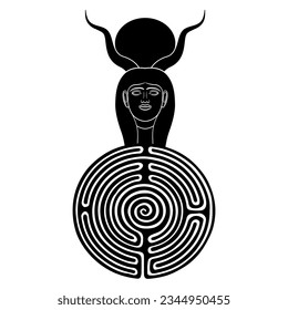Head of ancient Egyptian goddess Hathor with animal horns and a round spiral maze or labyrinth symbol. Creative mythological concept. Black and white silhouette.