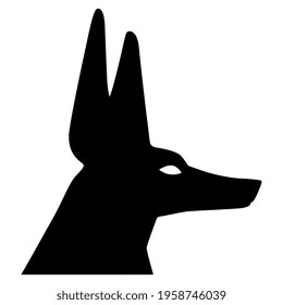 Head of ancient Egyptian jackal or canine headed god Anubis. Black and white silhouette.