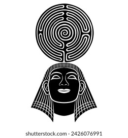 Head of ancient Egyptian man or pharaoh wearing nemes hat with a round spiral maze or labyrinth symbol. Mystery of ancient culture. Black and white silhouette.