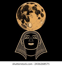 Head of ancient Egyptian man or pharaoh holding full moon. Lunar god Khonsu. Creative concept.