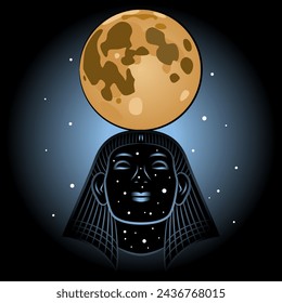 Head of ancient Egyptian man or pharaoh holding shining full moon in night blue starry sky. Lunar god Khonsu. Creative concept.