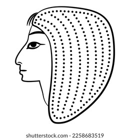 Head of an ancient Egyptian person wearing wig in profile. Black and white linear silhouette.