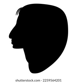 Head of an ancient Egyptian person wearing wig in profile. Black silhouette on white background.