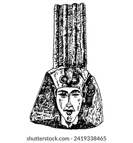 Head of ancient Egyptian pharaoh Akhenaten wearing tall royal crown. Sculpture portrait. Amarna art. Hand drawn linear doodle rough sketch. Black and white silhouette.