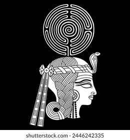 Head of an ancient Egyptian woman or goddess holding a round spiral maze or labyrinth symbol. Creative concept. Ethnic design. Black and white silhouette.