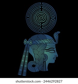 Head of an ancient Egyptian woman or goddess holding a round spiral maze or labyrinth symbol. Creative concept. Ethnic design.