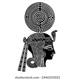 Head of an ancient Egyptian woman or goddess holding a round spiral maze or labyrinth symbol. Creative concept. Ethnic design. Black and white silhouette.