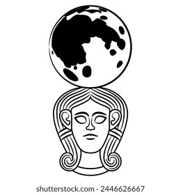 Head of an ancient Egyptian woman or goddess holding the full moon. Creative lunar design. Black and white silhouette.