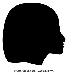 Head of ancient Egyptian woman or pharaoh wearing wig in profile. Black silhouette on white background.