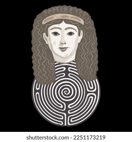 Head of ancient Egyptian woman and a round spiral maze or labyrinth symbol. Ariadne. Creative concept. Mystery of culture. On black background.
