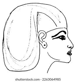 Head of ancient Egyptian woman wearing wig in profile. Hand drawn linear doodle rough sketch. Black silhouette on white background.