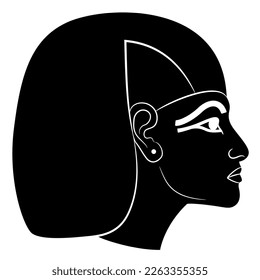 Head of ancient Egyptian woman wearing wig in profile. Black and white negative silhouette.