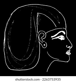 Head of ancient Egyptian woman wearing wig in profile. Hand drawn linear doodle rough sketch. White silhouette on black background.