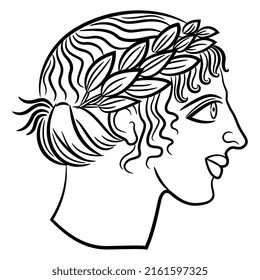 Head of ancient Greek god Apollo. Portrait in profile of a handsome young antique guy wearing laurel wreath. Black and white linear silhouette. Isolated vector illustration.