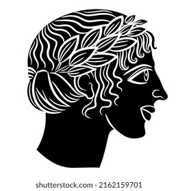 Head of ancient Greek god Apollo. Portrait in profile of a handsome young antique guy wearing laurel wreath. Black and white silhouette. Isolated vector illustration.