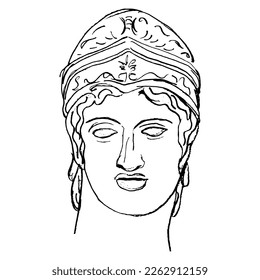 Head of ancient Greek god Ares or Mars. Handsome young antique man wearing helmet. Hand drawn linear doodle rough sketch. Black silhouette on white background.