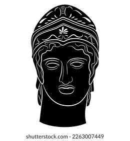 Head of ancient Greek god Ares or Mars. Handsome young antique man wearing helmet. Black and white negative silhouette.